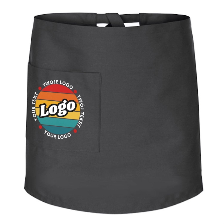 Zapaska kucharska krótka szara wiązana długość 50cm z twoim nadrukiem logo.jpg