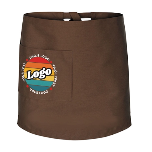 Zapaska kucharska krótka brązowa wiązana długość 50cm z twoim nadrukiem logo.jpg