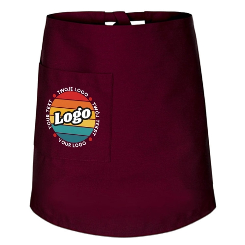 Zapaska kucharska krótka bordowa wiązana długość 60cm z twoim nadrukiem logo.jpg