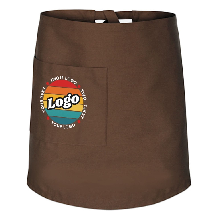 Zapaska kucharska krótka brązowa wiązana długość 60cm z twoim nadrukiem logo.jpg