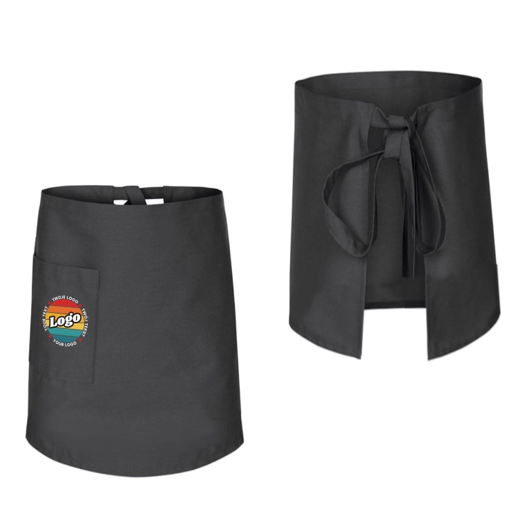 Zapaska kucharska krótka szara wiązana długość 60cm z twoim nadrukiem logo przód i tył.jpg