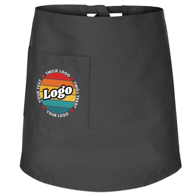 Zapaska kucharska krótka szara wiązana długość 60cm z twoim nadrukiem logo.jpg