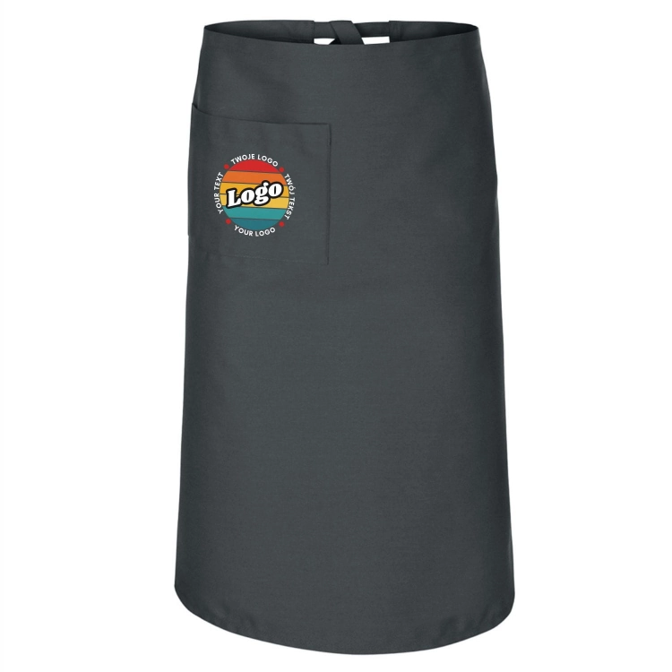 Zapaska kucharska krótka szara wiązana długość 75cm z twoim nadrukiem logo.jpg