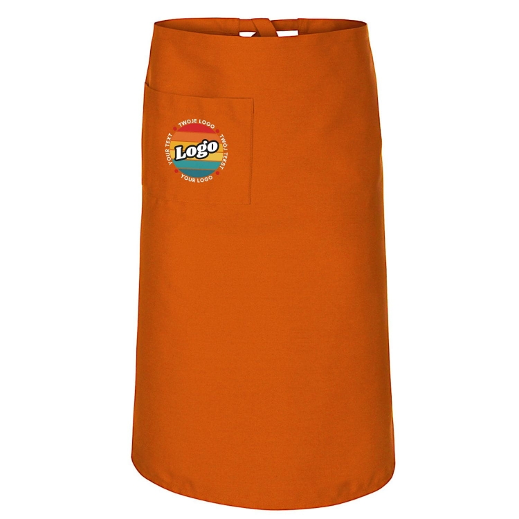 Zapaska kucharska krótka pomarańczowa wiązana długość 75cm z twoim nadrukiem logo.jpg
