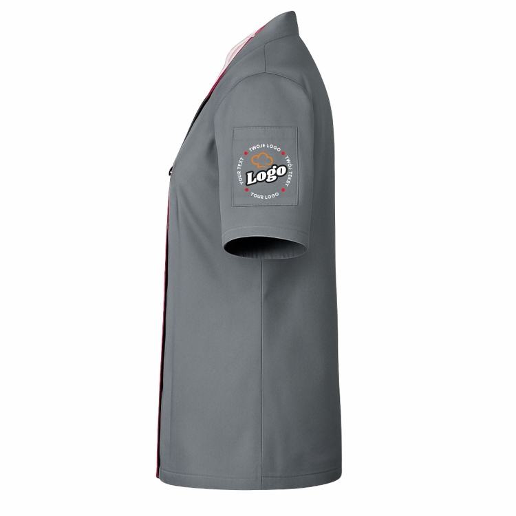 Bluza kucharska damska szara Master chef z twoim własnym nadrukiem logo kreator online lewy bok.jpg