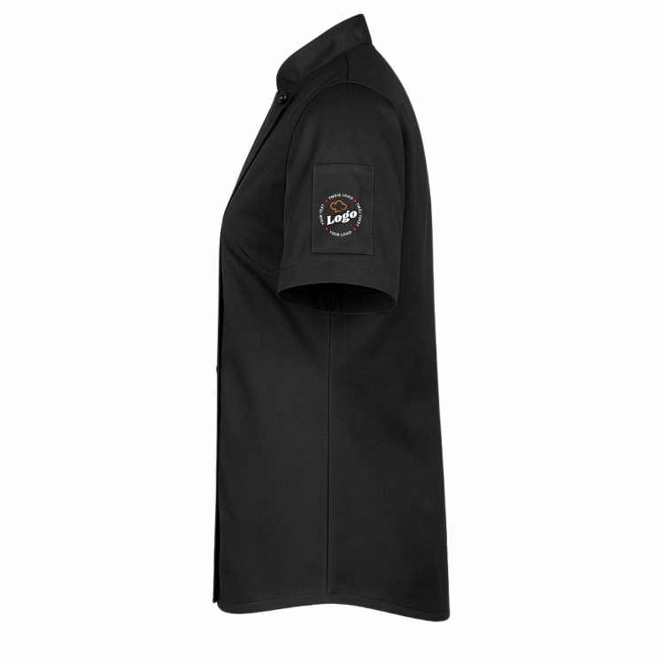 Bluza kucharska damska czarna krótki rękaw z twoim własnym nadrukiem logo kreator online lewy bok.jpg