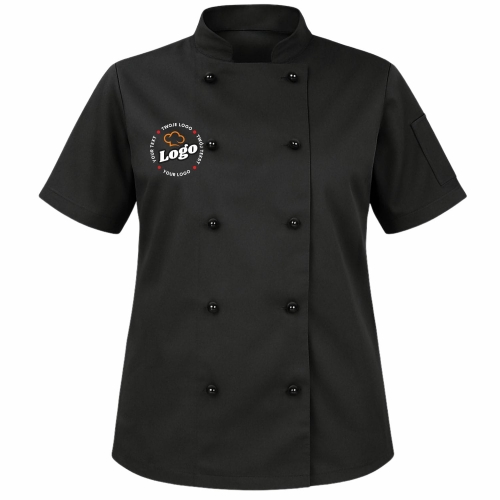 Bluza kucharska damska czarna krótki rękaw z twoim własnym nadrukiem logo kreator online przód.jpg