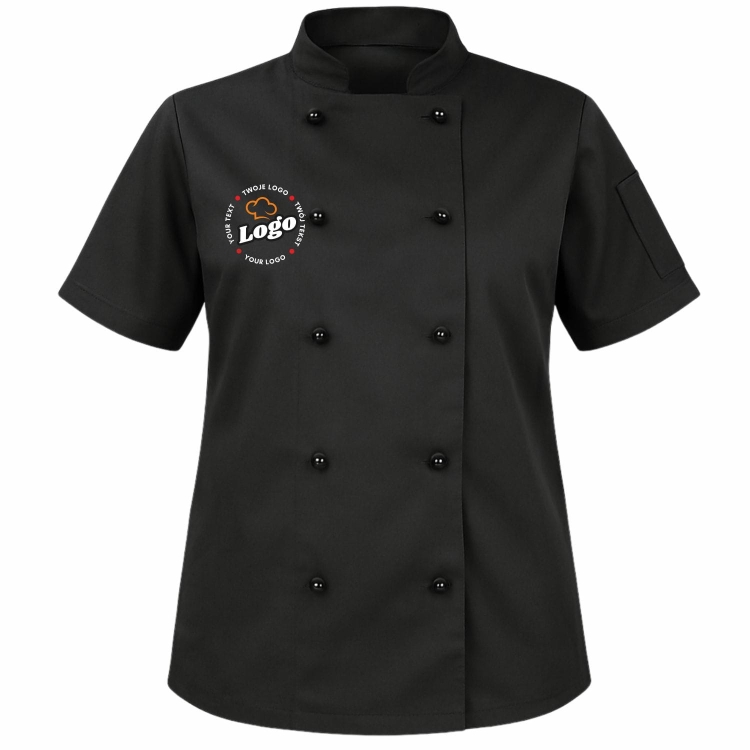 Bluza kucharska damska czarna krótki rękaw z twoim własnym nadrukiem logo kreator online przód.jpg