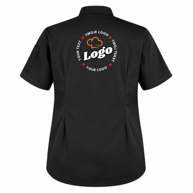 Bluza kucharska damska czarna krótki rękaw z twoim własnym nadrukiem logo kreator online tył.jpg
