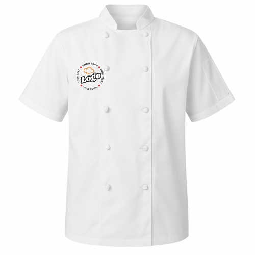 Bluza kucharska damska biała krótki rękaw z twoim własnym nadrukiem logo kreator online przód.jpg