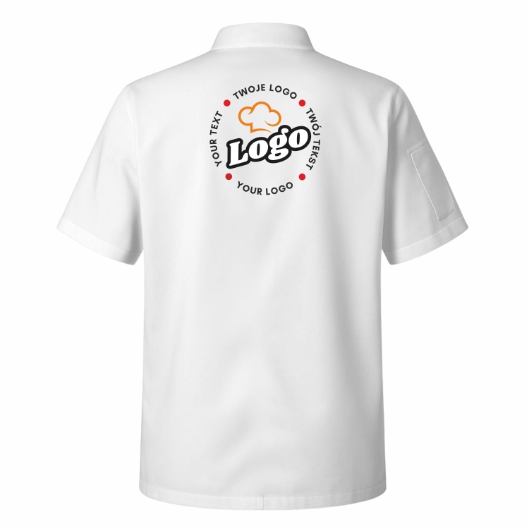 Bluza kucharska damska biała krótki rękaw z twoim własnym nadrukiem logo kreator online tył.jpg