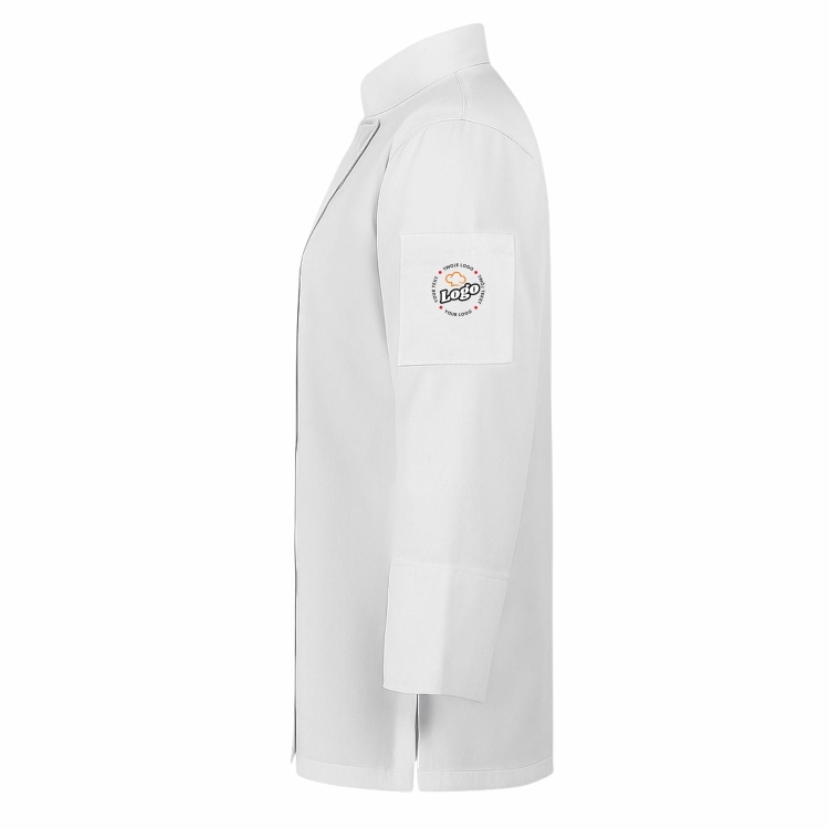 Bluza kucharska damska biała długi rękaw z twoim własnym nadrukiem logo kreator online lewy bok.jpg