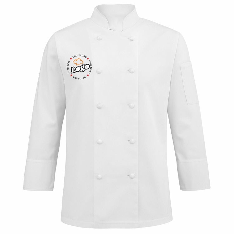 Bluza kucharska damska biała długi rękaw z twoim własnym nadrukiem logo kreator online przód.jpg