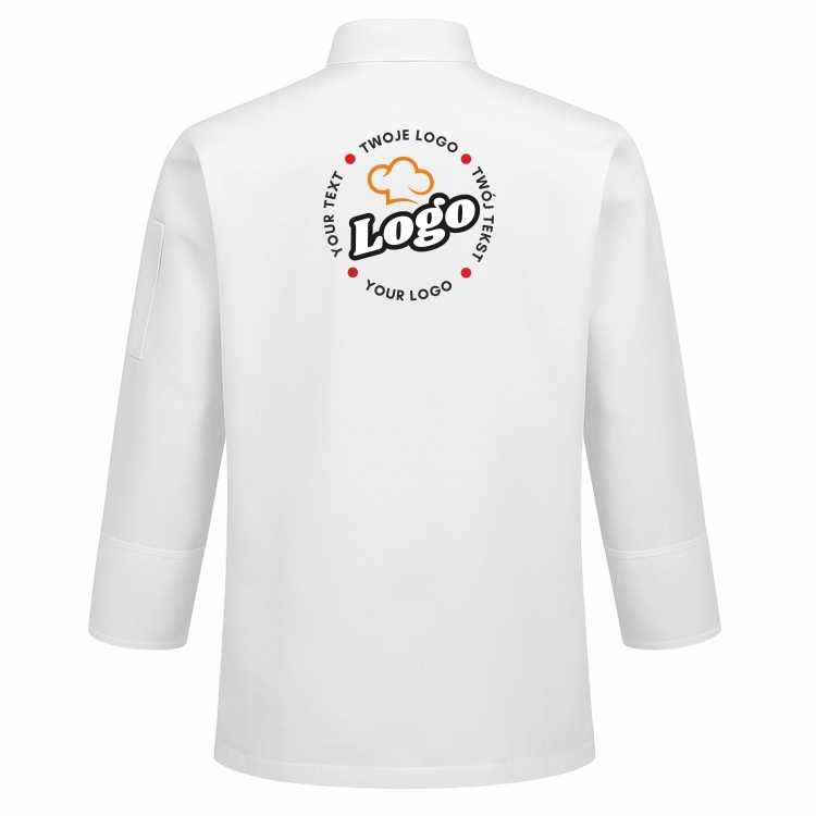Bluza kucharska damska biała długi rękaw z twoim własnym nadrukiem logo kreator online tył.jpg