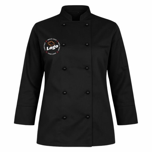Bluza kucharska damska czarna długi rękaw z twoim własnym nadrukiem logo kreator online przód.jpg