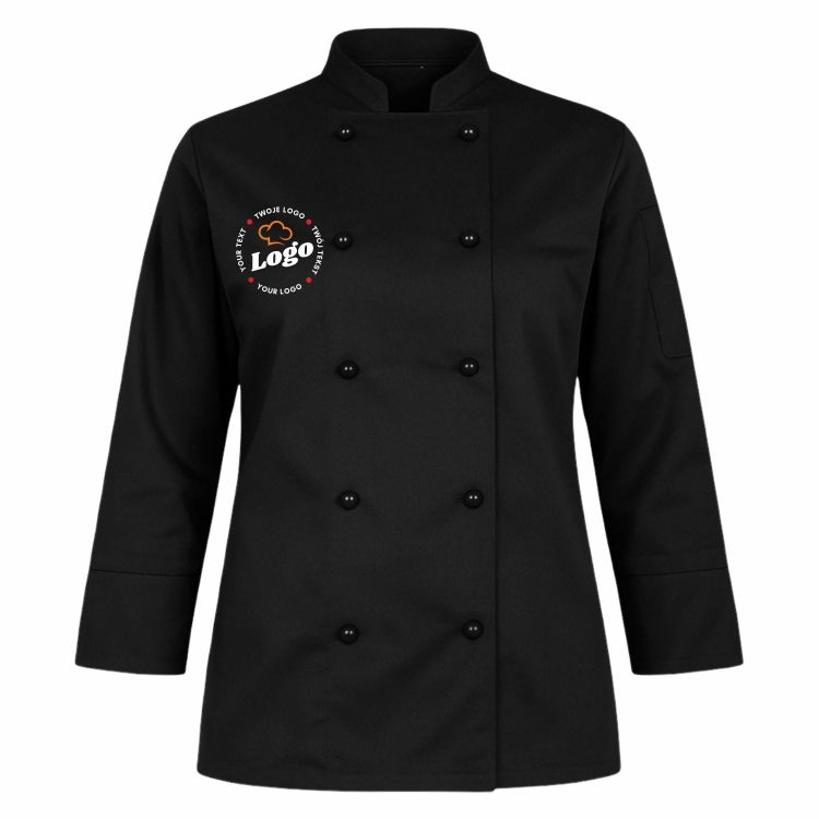 Bluza kucharska damska czarna długi rękaw z twoim własnym nadrukiem logo kreator online przód.jpg