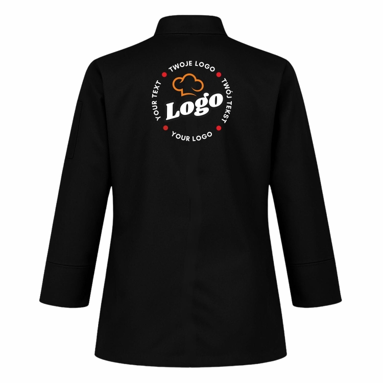 Bluza kucharska damska czarna długi rękaw z twoim własnym nadrukiem logo kreator online tył.jpg