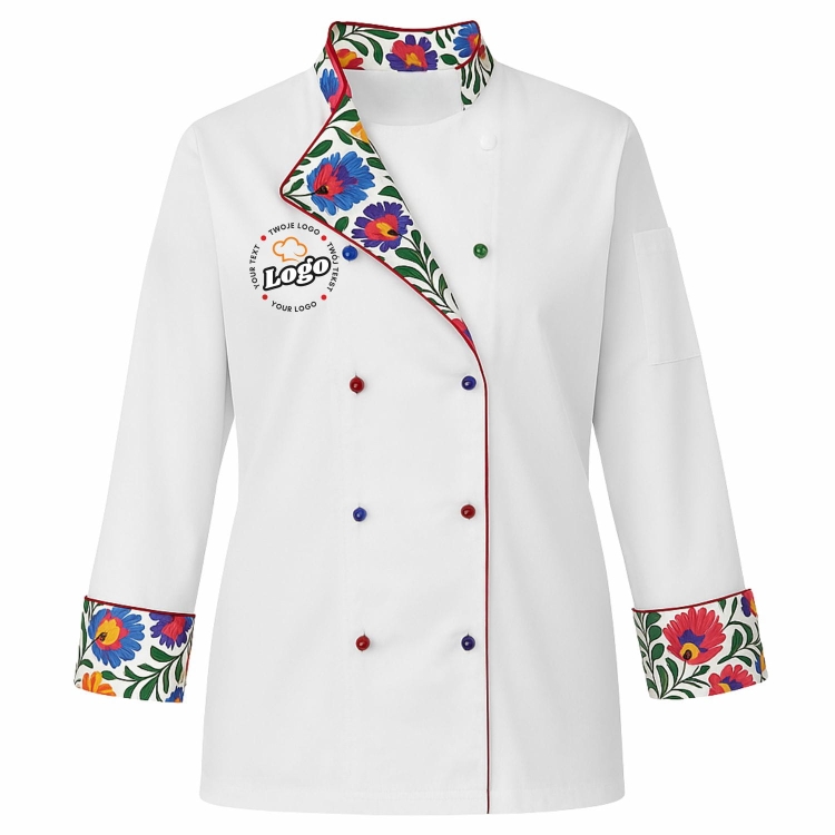 Bluza kucharska damska biała długi rękaw Master chef z twoim własnym nadrukiem logo kreator online przód.jpg