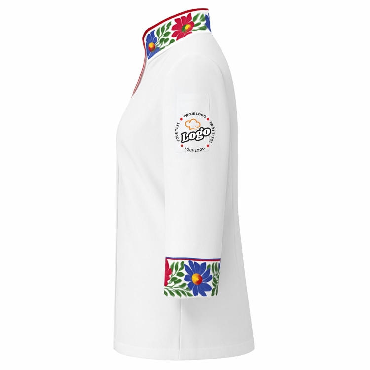 Bluza kucharska damska biała Master chef długi rękaw z twoim własnym nadrukiem logo kreator online lewy bok.jpg
