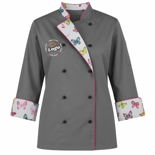 Bluza kucharska damska szara długi rękaw Master chef z twoim własnym nadrukiem logo kreator online W2 przód.jpg