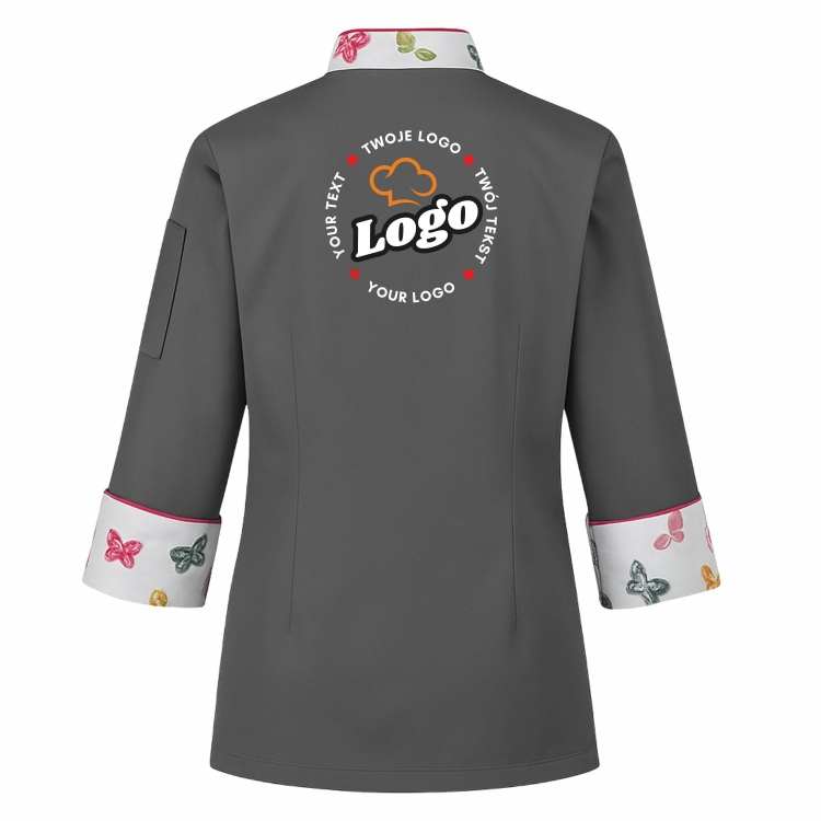 Bluza kucharska damska szara długi rękaw Master chef z twoim własnym nadrukiem logo kreator online W2 tył.jpg