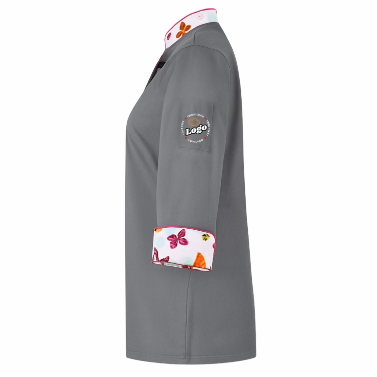 Bluza kucharska damska szara Master chef długi rękaw z twoim własnym nadrukiem logo kreator online W2 lewy bok.jpg