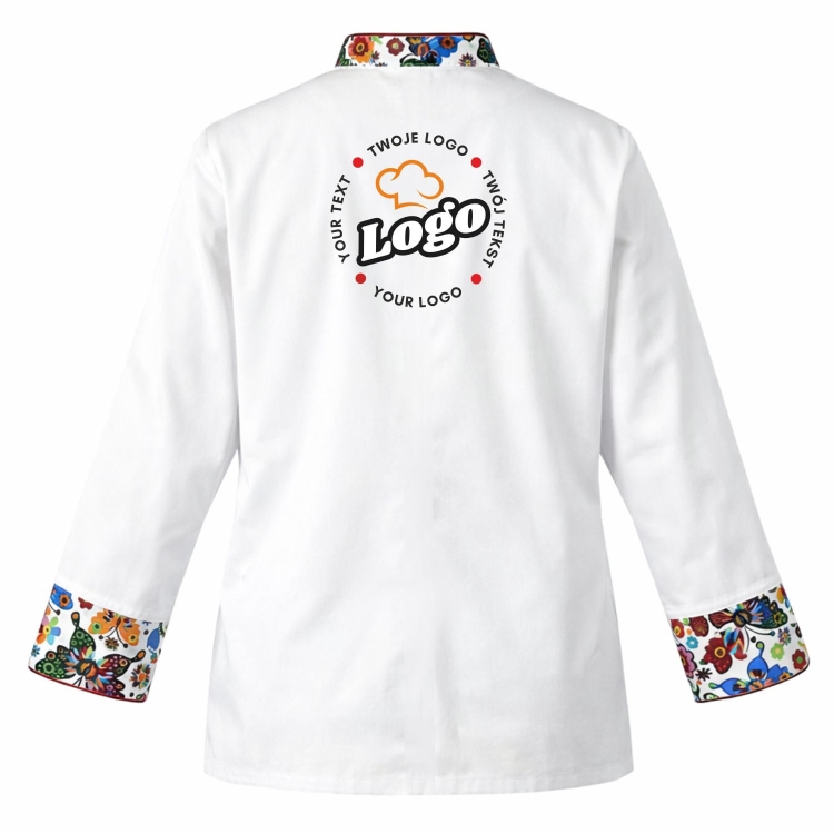 Bluza kucharska damska biała długi rękaw Master chef z twoim własnym nadrukiem logo kreator online W3 tył.jpg