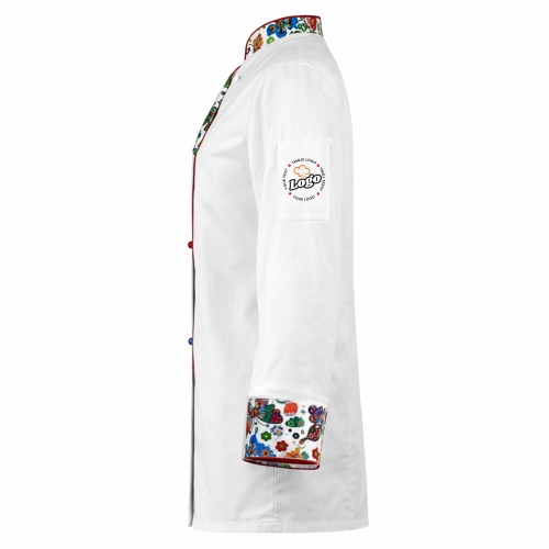 Bluza kucharska damska biała Master chef długi rękaw z twoim własnym nadrukiem logo kreator online W3 lewy bok.jpg