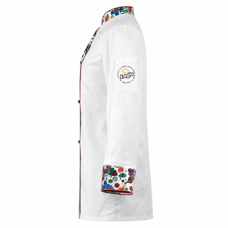 Bluza kucharska damska biała Master chef długi rękaw z twoim własnym nadrukiem logo kreator online W3 lewy bok.jpg