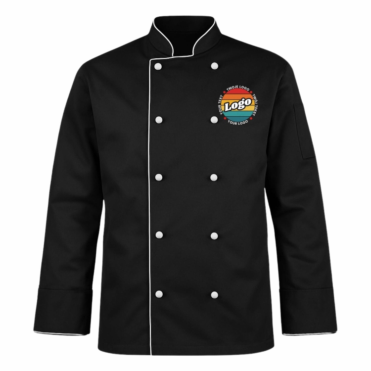 Bluza kucharska czarna z białą lamówką męska długi rękaw z twoim własnym nadrukiem kreator online przód.jpg