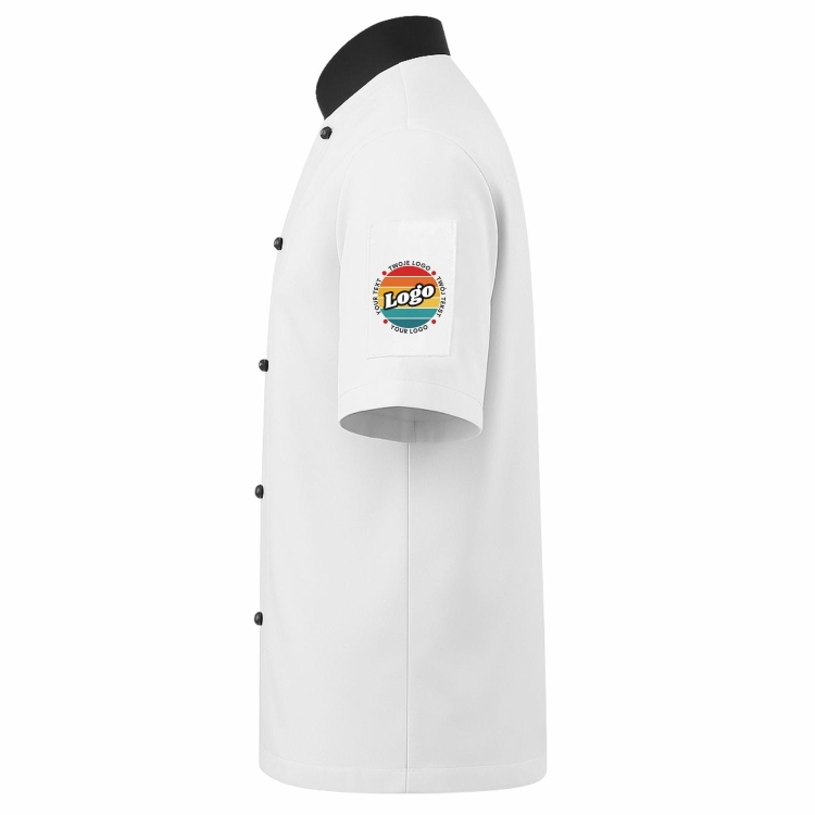 Bluza kucharska biała z guzikami czarne wstawki krótki rękaw z Twoim własnym nadrukiem lewy bok.jpg