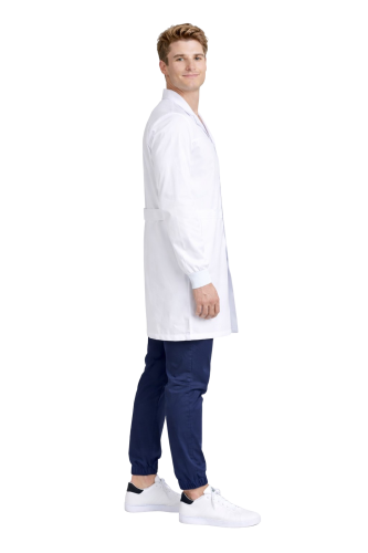 Fartuch laboratoryjny medyczny męski zapinany na rzepy rekaw długi kolor biały widok z boku.png