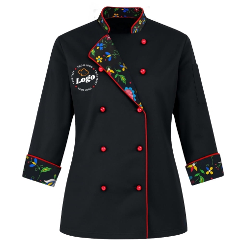 Bluza kucharska damska czarnadługi rękaw Master chef z twoim własnym nadrukiem logo kreator online W4 przód.jpg