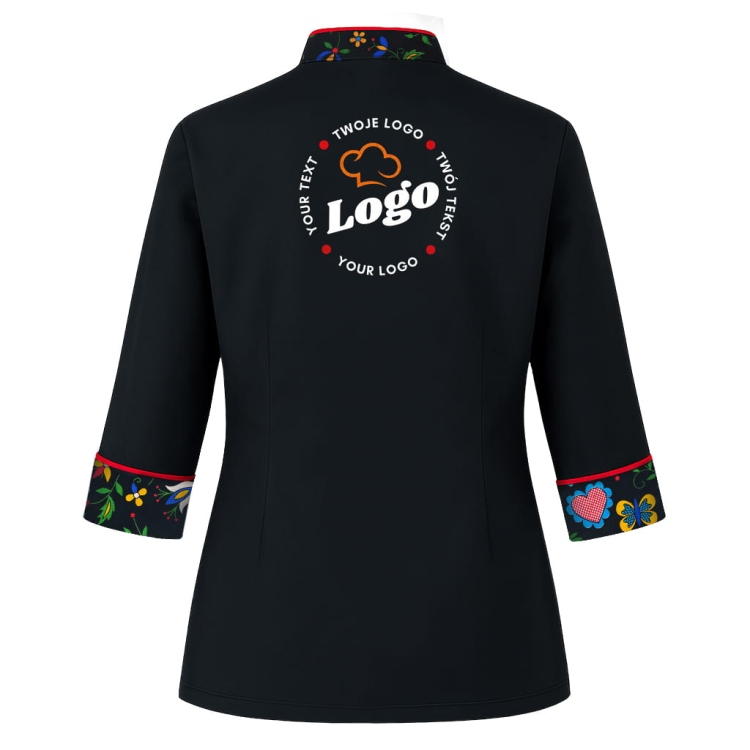Bluza kucharska damska czarna długi rękaw Master chef z twoim własnym nadrukiem logo kreator online W4 tył.jpg
