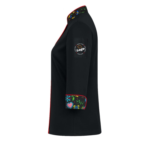 Bluza kucharska damska czarna Master chef długi rękaw z twoim własnym nadrukiem logo kreator online W4 lewy bok.jpg