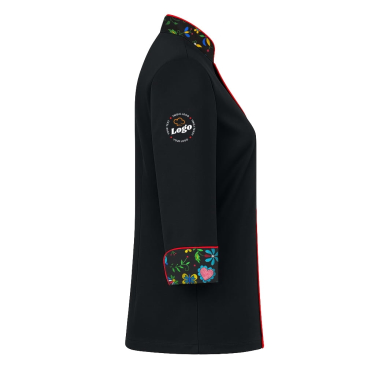 Bluza kucharska damska czarna Master chef długi rękaw z twoim własnym nadrukiem logo kreator online W4 prawy bok.jpg