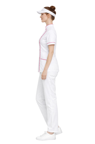 Uniform kucharski  zapinany na zatrzaski w kolorze białym  z różowa lamówką krótki rekaw.png