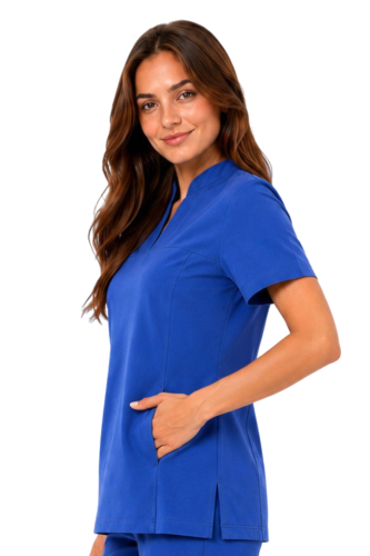 Damska bluza medyczna ze stójką  BASIC PREMIUM w kolorze chabrowym_bok.png
